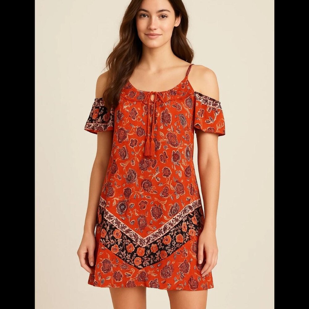 Xhilaration Boho Floral Cold Shoulder Mini Dress Tassel Tie Festival Vibes Sz XS